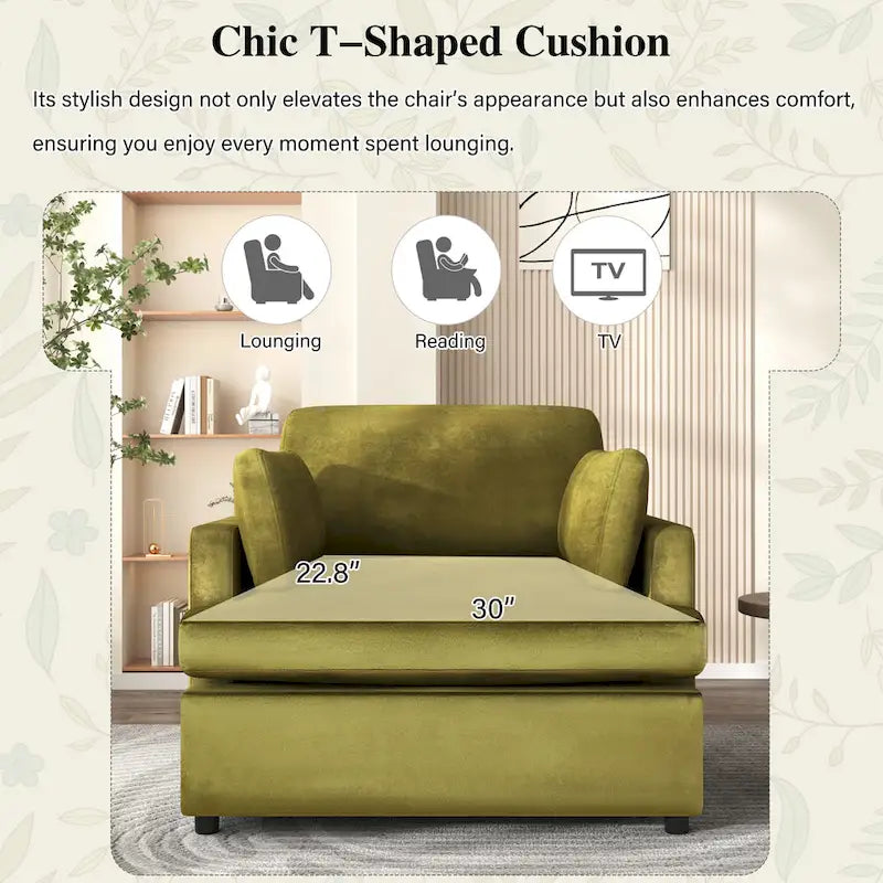 Green 37 Accent Chair with Plastic Legs and Decorative Pillows