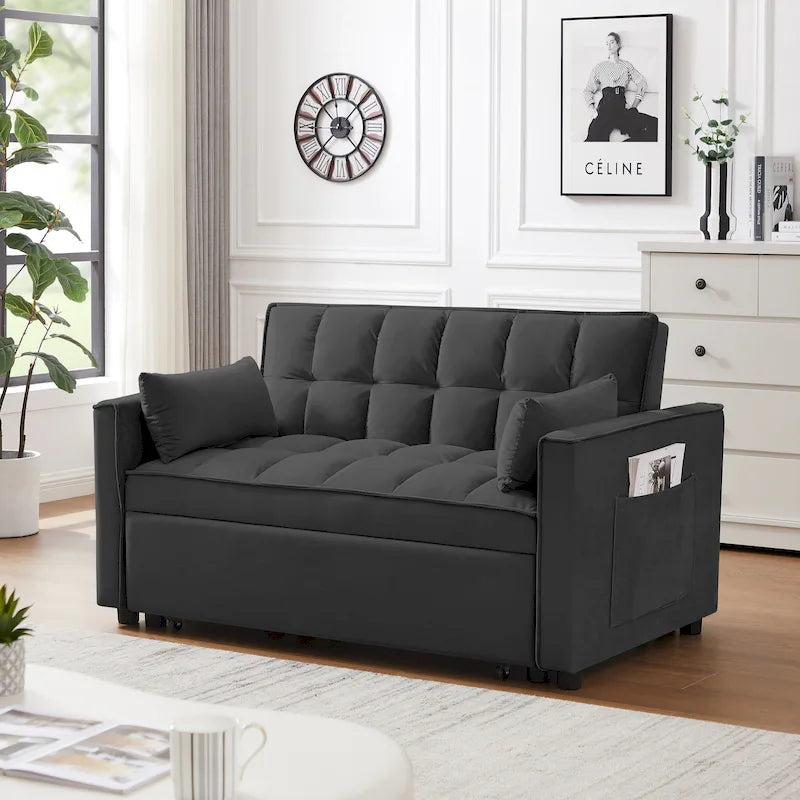 Black 55.2 Velvet Pull-Out Sofa Bed with Toss Pillows and Pockets