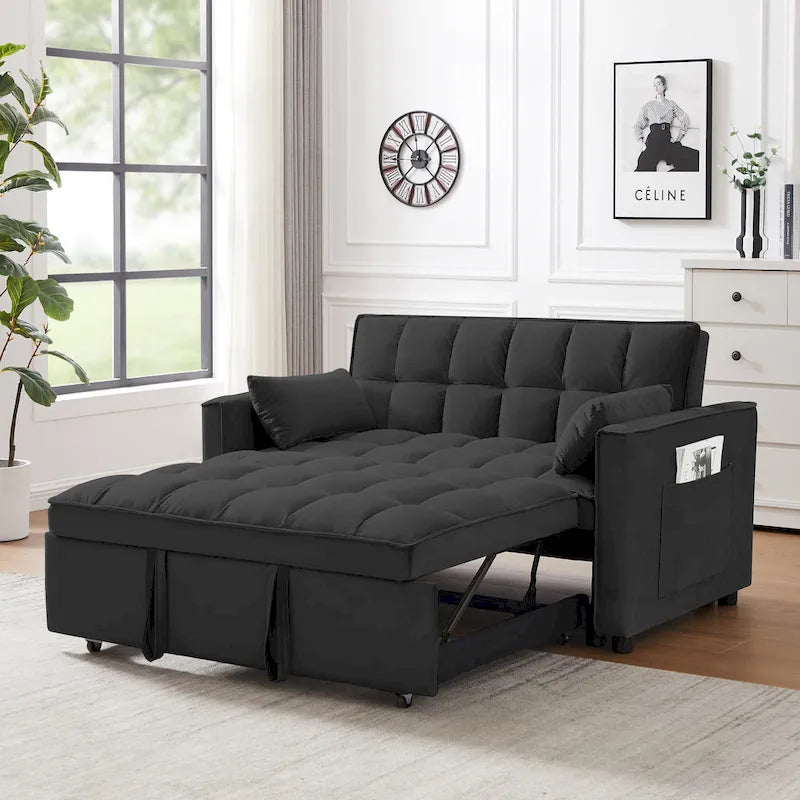 Black 55.2 Velvet Pull-Out Sofa Bed with Toss Pillows and Pockets