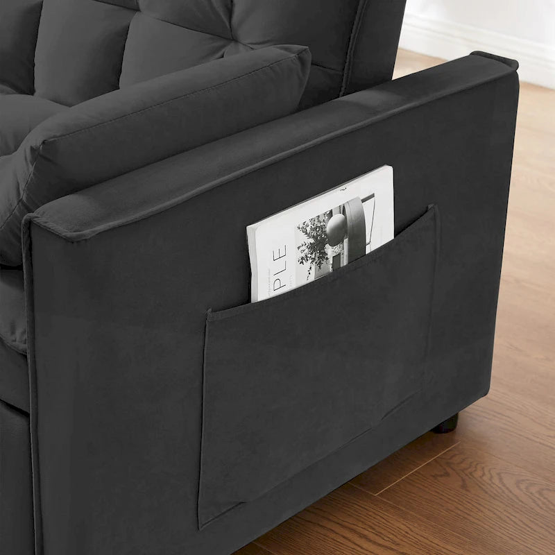 Black 55.2 Velvet Pull-Out Sofa Bed with Toss Pillows and Pockets