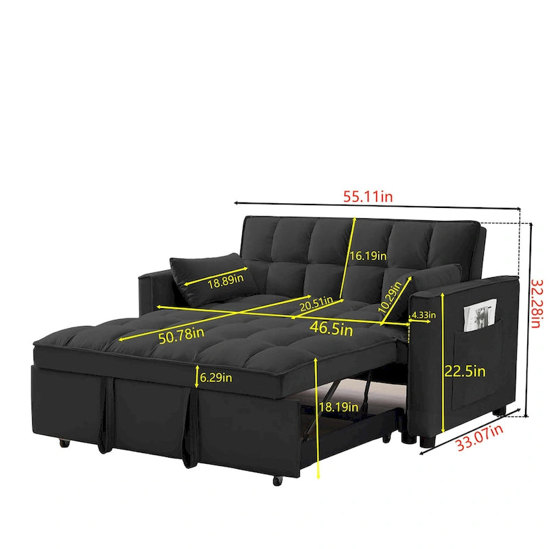 Black 55.2 Velvet Pull-Out Sofa Bed with Toss Pillows and Pockets