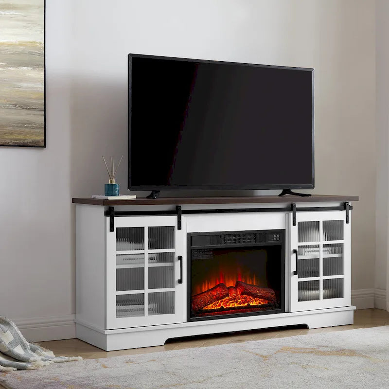 White 59.13 Fireplace TV Stand with Sliding Glass Doors and Storage Shelf for TVs Up to 65