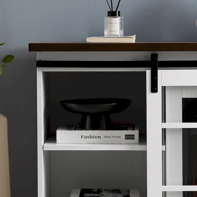 White 59.13 Fireplace TV Stand with Sliding Glass Doors and Storage Shelf for TVs Up to 65