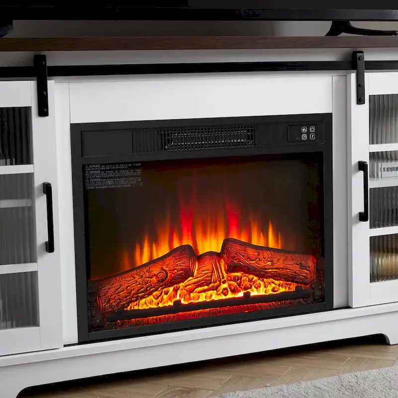 White 59.13 Fireplace TV Stand with Sliding Glass Doors and Storage Shelf for TVs Up to 65