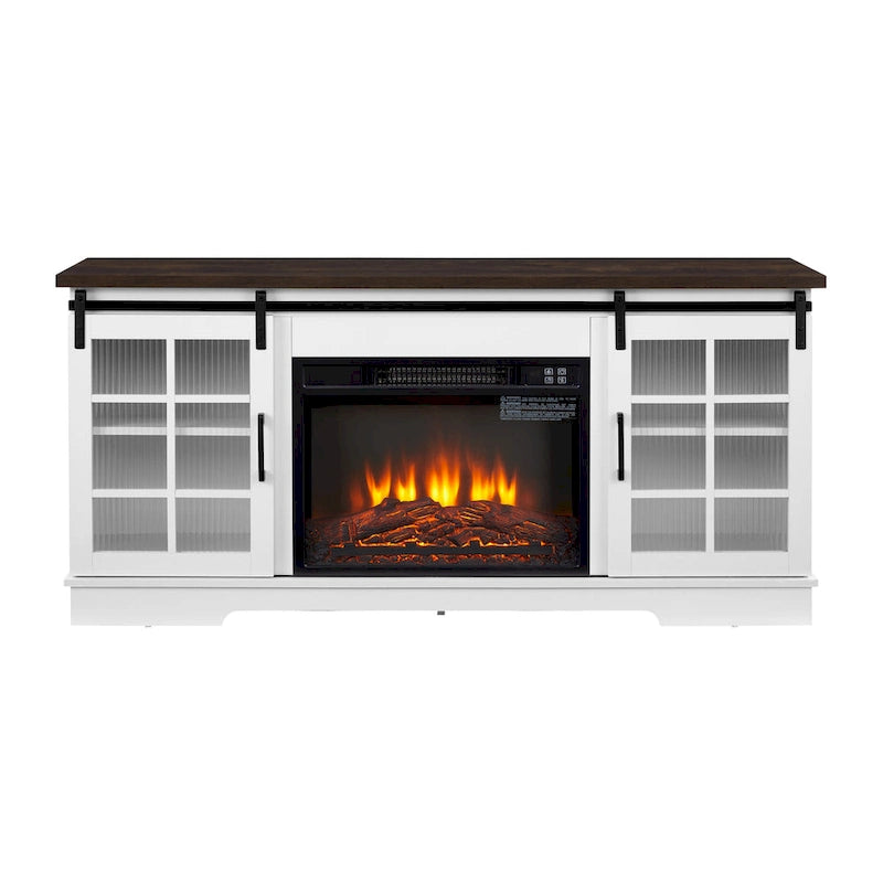 White 59.13 Fireplace TV Stand with Sliding Glass Doors and Storage Shelf for TVs Up to 65