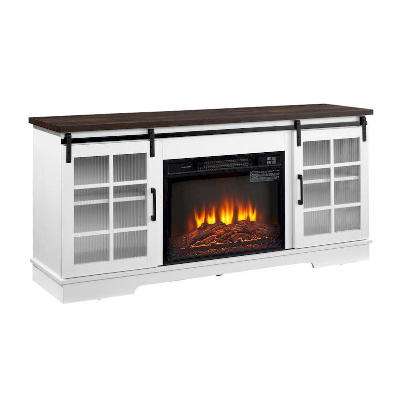 White 59.13 Fireplace TV Stand with Sliding Glass Doors and Storage Shelf for TVs Up to 65