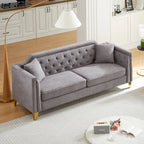 Grey 61.5 Chenille 3-Seater Tufted Sofa with Copper Nail Arms, 2 Pillows