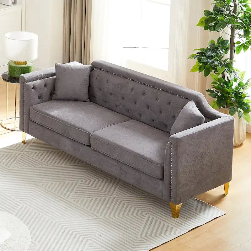 Grey 61.5 Chenille 3-Seater Tufted Sofa with Copper Nail Arms, 2 Pillows