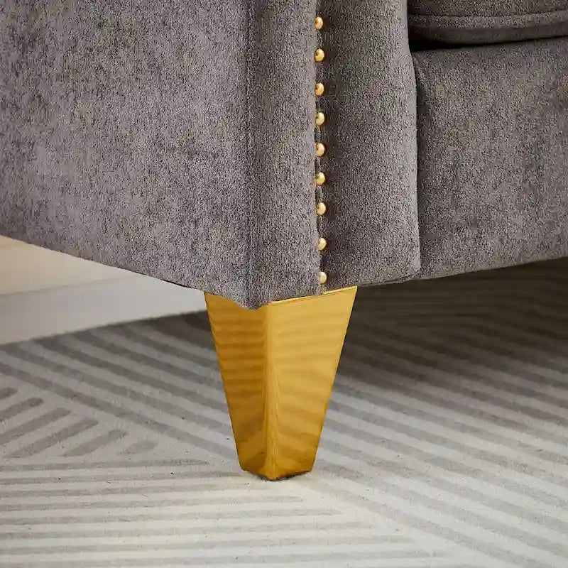 Grey 61.5 Chenille 3-Seater Tufted Sofa with Copper Nail Arms, 2 Pillows