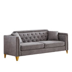 Grey 61.5 Chenille 3-Seater Tufted Sofa with Copper Nail Arms, 2 Pillows