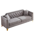 Grey 61.5 Chenille 3-Seater Tufted Sofa with Copper Nail Arms, 2 Pillows