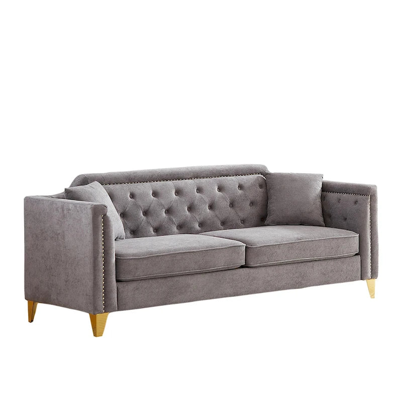 Grey 61.5 Chenille 3-Seater Tufted Sofa with Copper Nail Arms, 2 Pillows