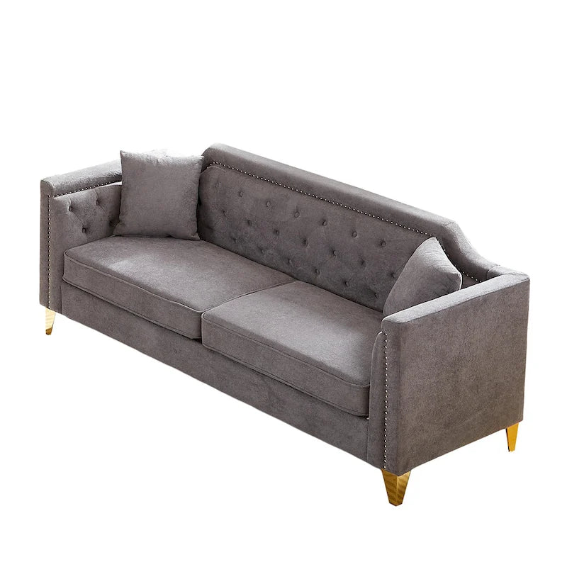Grey 61.5 Chenille 3-Seater Tufted Sofa with Copper Nail Arms, 2 Pillows
