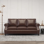 Dark Brown Modern 80 Faux Leather 3-Seater Sofa with Birch Wood Legs and Nailheads