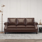 Dark Brown Modern 80 Faux Leather 3-Seater Sofa with Birch Wood Legs and Nailheads