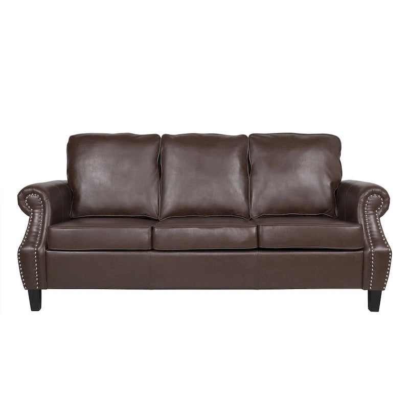Dark Brown Modern 80 Faux Leather 3-Seater Sofa with Birch Wood Legs and Nailheads