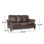 Dark Brown Modern 80 Faux Leather 3-Seater Sofa with Birch Wood Legs and Nailheads