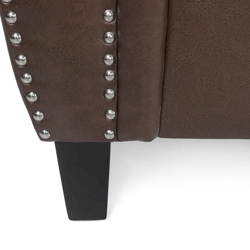 Dark Brown Modern 80 Faux Leather 3-Seater Sofa with Birch Wood Legs and Nailheads