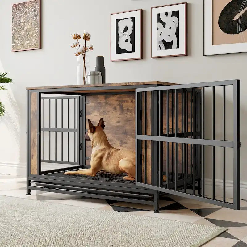Dog Crate Furniture,Wooden Dog Crate Table,38.9 Dog Kennel with 2 Sliding Doors and Thick Iron Door Frame,Decorative Pet House