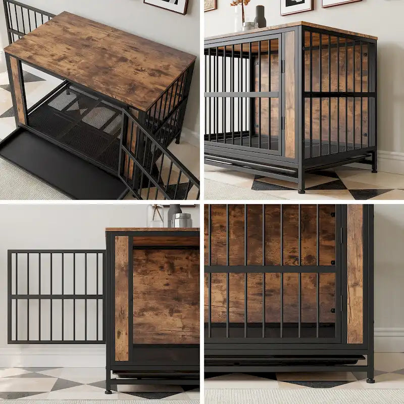 Dog Crate Furniture,Wooden Dog Crate Table,38.9 Dog Kennel with 2 Sliding Doors and Thick Iron Door Frame,Decorative Pet House