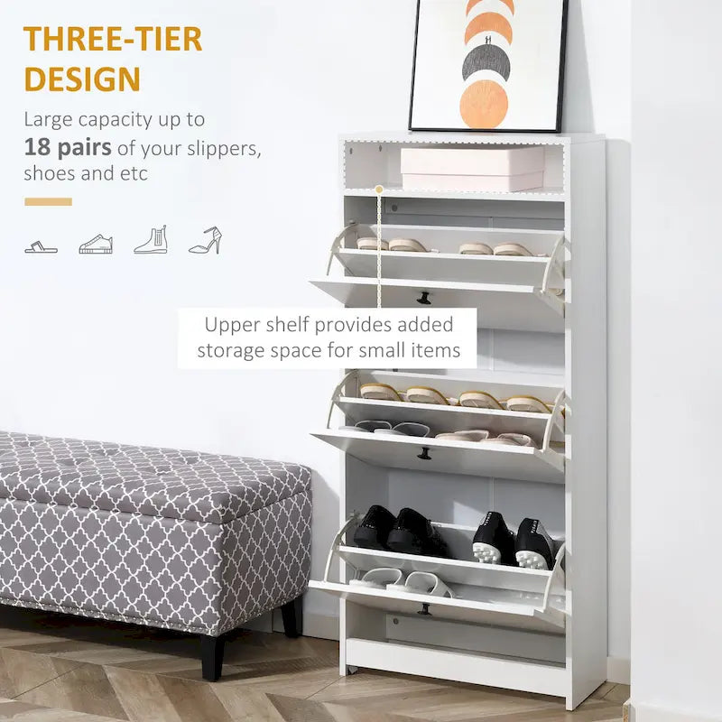 Slim Shoe Cabinet, Trendy Shoe Storage Cabinet with 3 Large Fold-Out Drawers & a Spacious Top Surface for Small Items, White