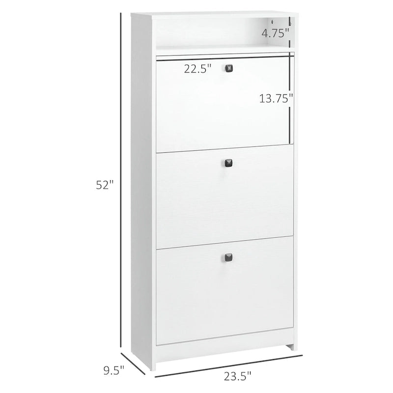 Slim Shoe Cabinet, Trendy Shoe Storage Cabinet with 3 Large Fold-Out Drawers & a Spacious Top Surface for Small Items, White