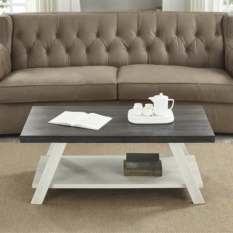 Contemporary Two-Tone Wood Shelf Coffee Table in Weathered for Living Room