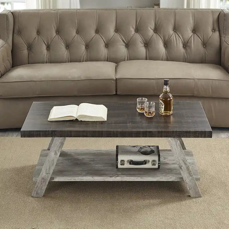 Contemporary Two-Tone Wood Shelf Coffee Table in Weathered for Living Room