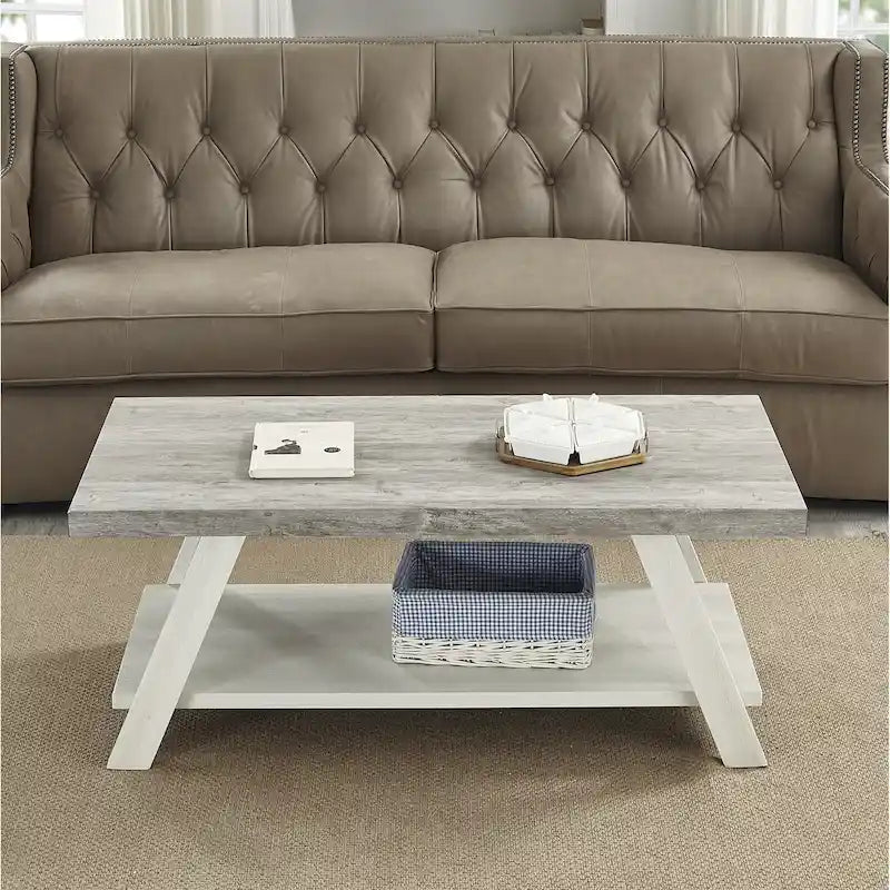 Contemporary Two-Tone Wood Shelf Coffee Table in Weathered for Living Room