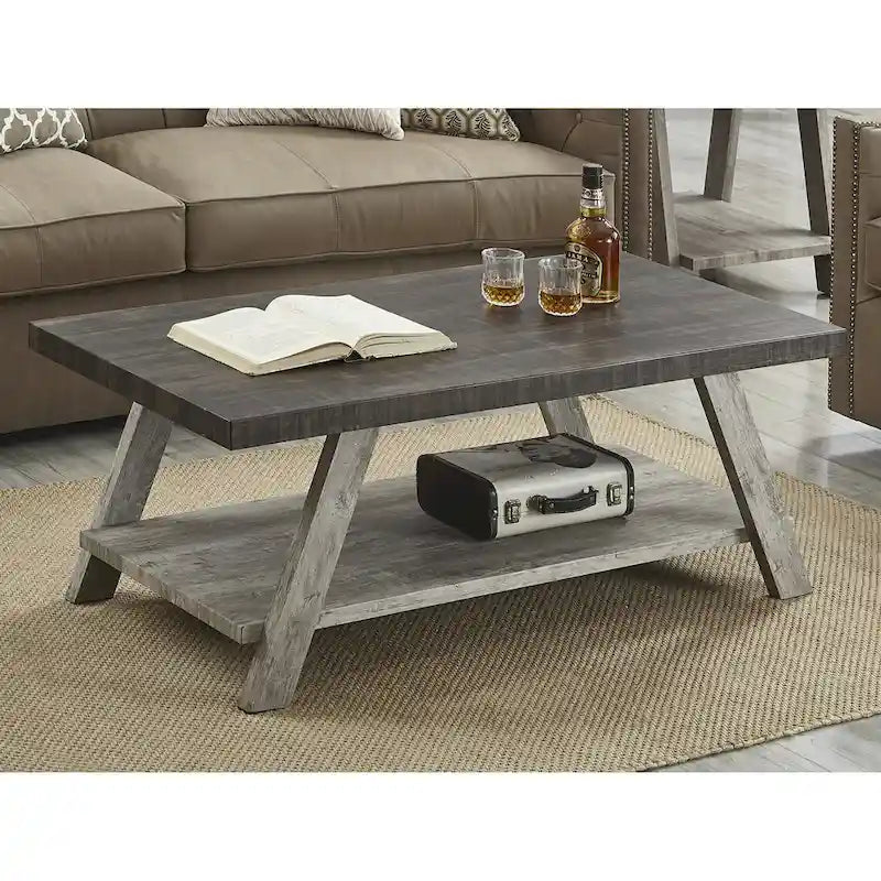 Contemporary Two-Tone Wood Shelf Coffee Table in Weathered for Living Room