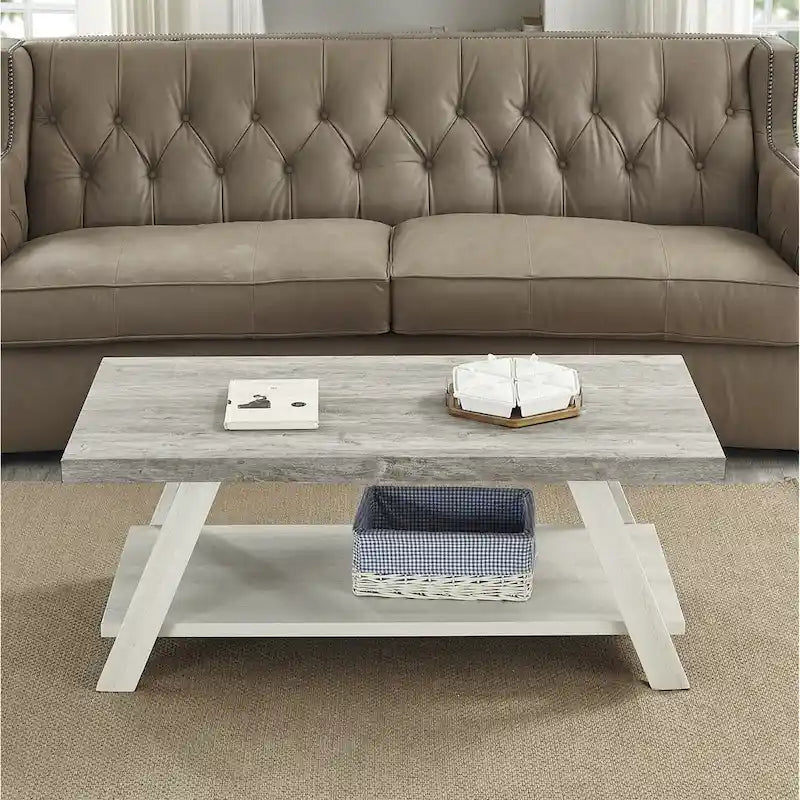 Contemporary Two-Tone Wood Shelf Coffee Table in Weathered for Living Room