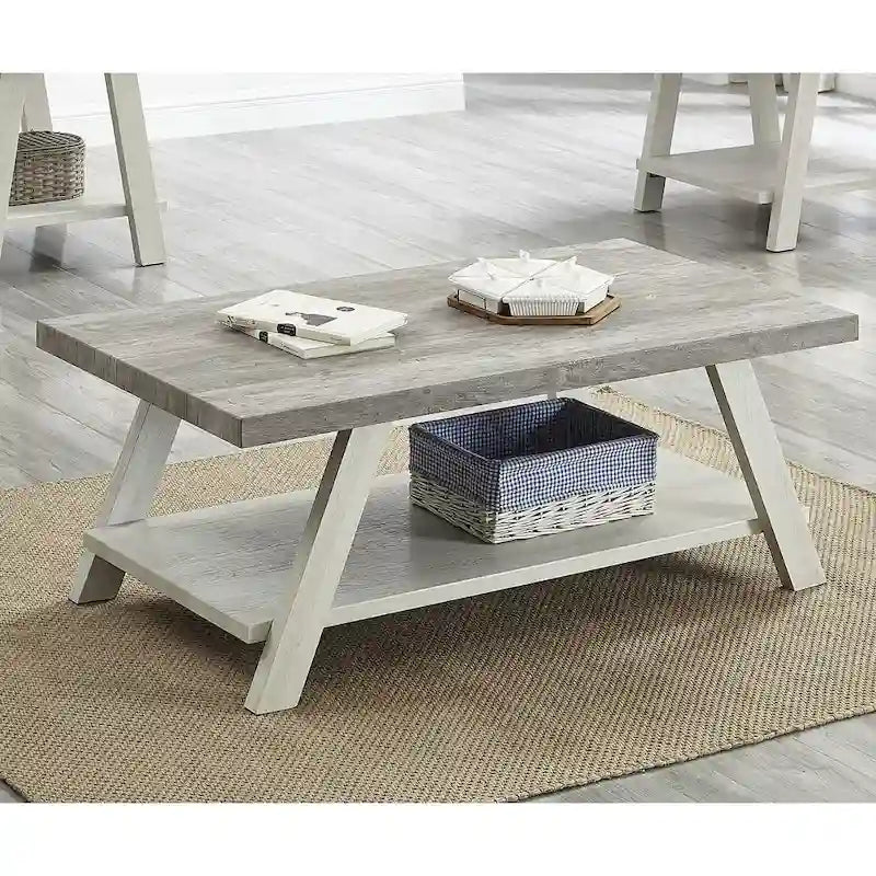 Contemporary Two-Tone Wood Shelf Coffee Table in Weathered for Living Room