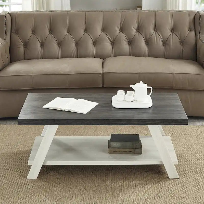 Contemporary Two-Tone Wood Shelf Coffee Table in Weathered for Living Room