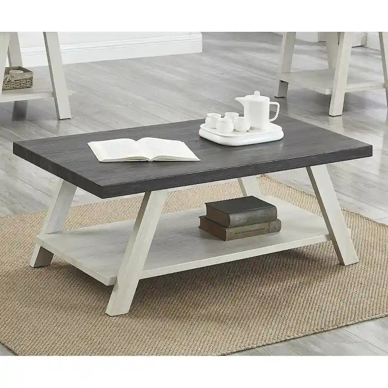 Contemporary Two-Tone Wood Shelf Coffee Table in Weathered for Living Room