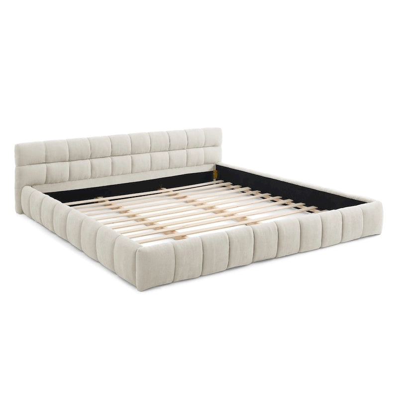 King Size Upholstered Bed Frame with Chenille Fabric, Sturdy Platform Bed Featuring Headboard and Solid Wood Frame