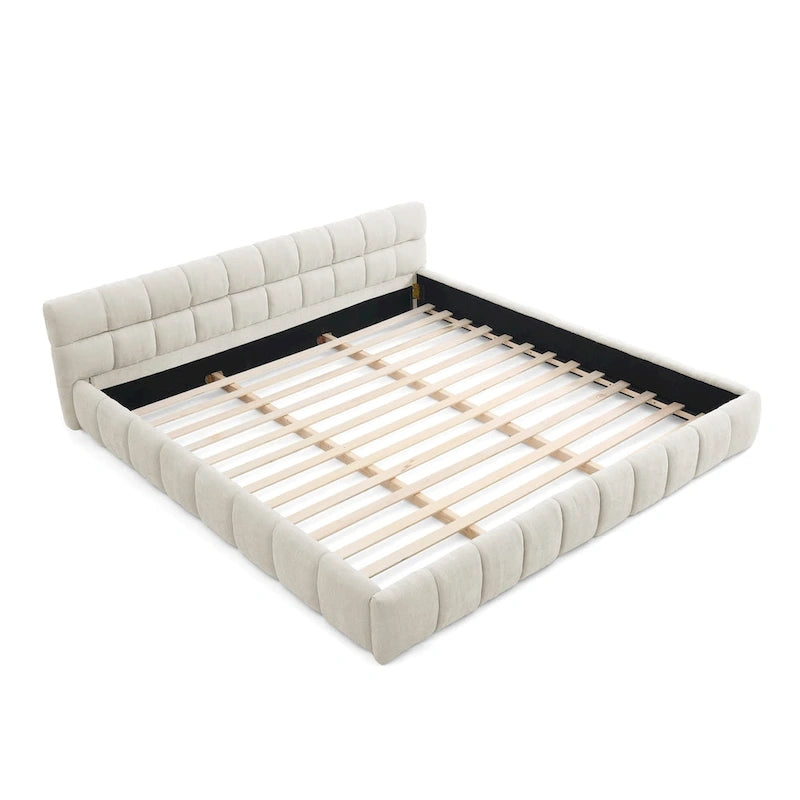 King Size Upholstered Bed Frame with Chenille Fabric, Sturdy Platform Bed Featuring Headboard and Solid Wood Frame