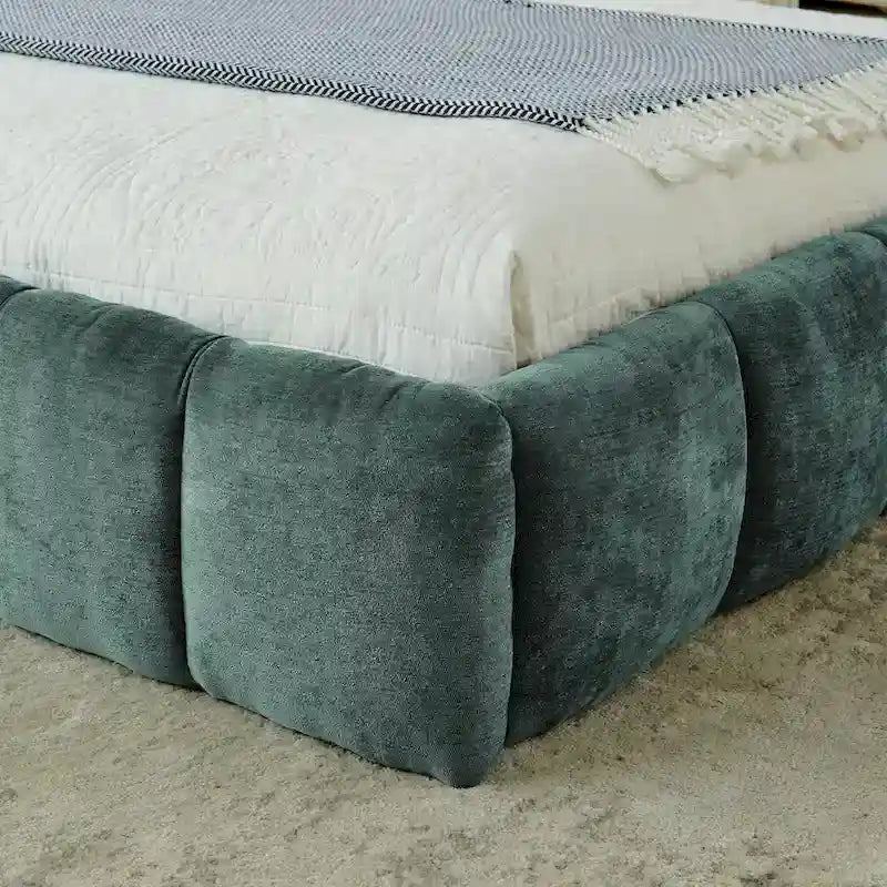 King Size Upholstered Bed Frame with Chenille Fabric, Sturdy Platform Bed Featuring Headboard and Solid Wood Frame
