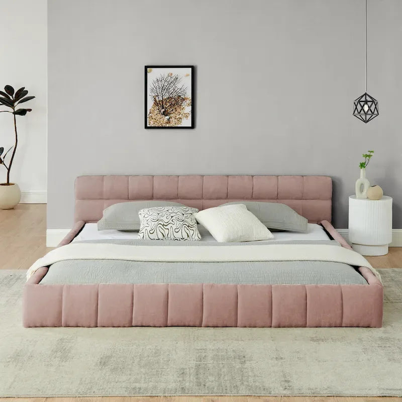 King Size Upholstered Bed Frame with Chenille Fabric, Sturdy Platform Bed Featuring Headboard and Solid Wood Frame