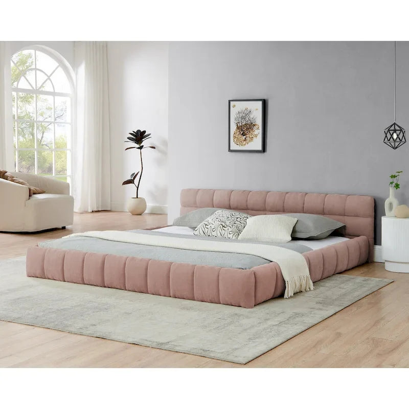 King Size Upholstered Bed Frame with Chenille Fabric, Sturdy Platform Bed Featuring Headboard and Solid Wood Frame