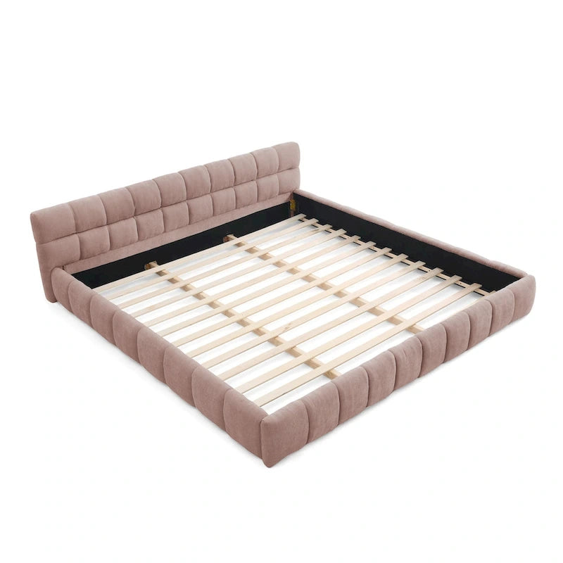 King Size Upholstered Bed Frame with Chenille Fabric, Sturdy Platform Bed Featuring Headboard and Solid Wood Frame