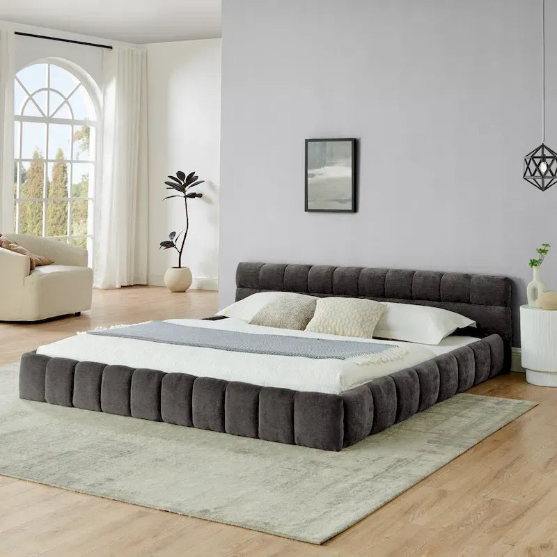 King Size Upholstered Bed Frame with Chenille Fabric, Sturdy Platform Bed Featuring Headboard and Solid Wood Frame