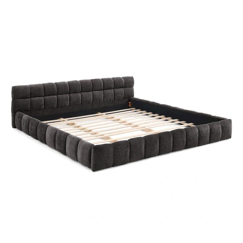 King Size Upholstered Bed Frame with Chenille Fabric, Sturdy Platform Bed Featuring Headboard and Solid Wood Frame