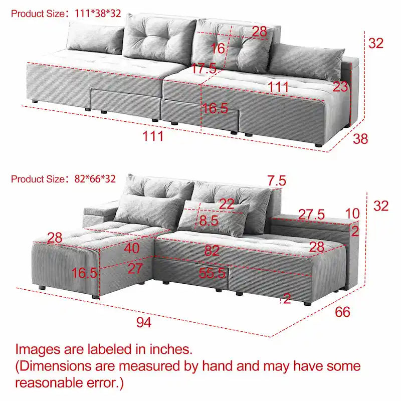 GDFStudio - Emerson Modular Corduroy 3-Seater Sofa with Storage and Customizable Design