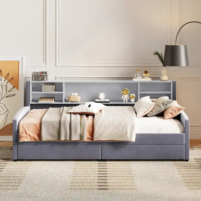 Platform Corner Bed Frame Upholstered Bed with Storage and Drawers
