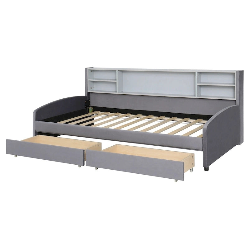 Platform Corner Bed Frame Upholstered Bed with Storage and Drawers