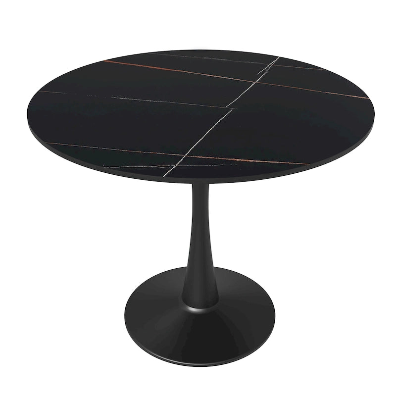 Bristol 32 Round Minimalist Dining Table for 4, Sintered Stone Top & Black Iron Pedestal Base for Kitchen & Dining Room
