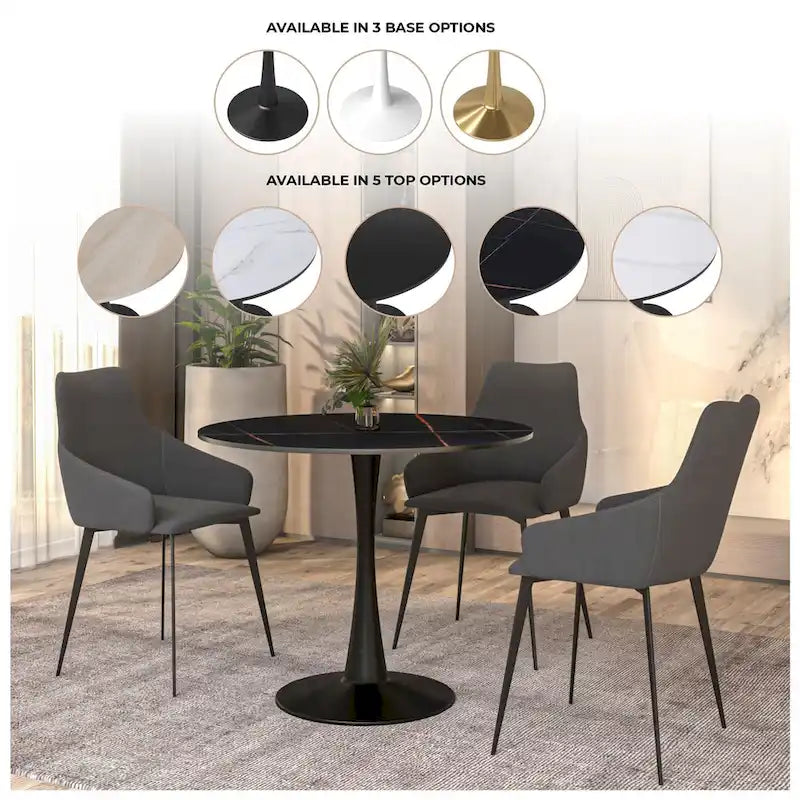 Bristol 32 Round Minimalist Dining Table for 4, Sintered Stone Top & Black Iron Pedestal Base for Kitchen & Dining Room