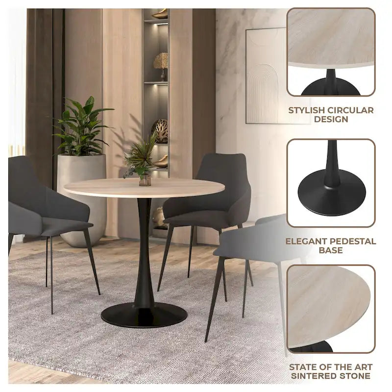 Bristol 32 Round Minimalist Dining Table for 4, Sintered Stone Top & Black Iron Pedestal Base for Kitchen & Dining Room