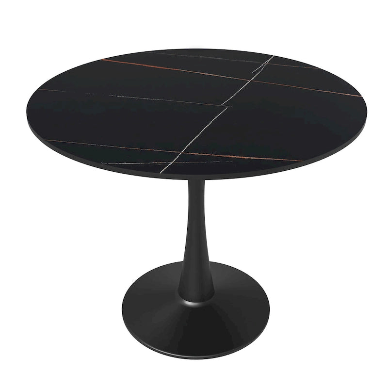 Bristol 32 Round Minimalist Dining Table for 4, Sintered Stone Top & Black Iron Pedestal Base for Kitchen & Dining Room