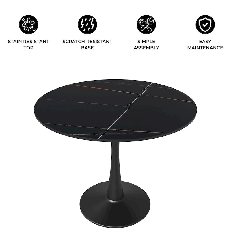 Bristol 32 Round Minimalist Dining Table for 4, Sintered Stone Top & Black Iron Pedestal Base for Kitchen & Dining Room